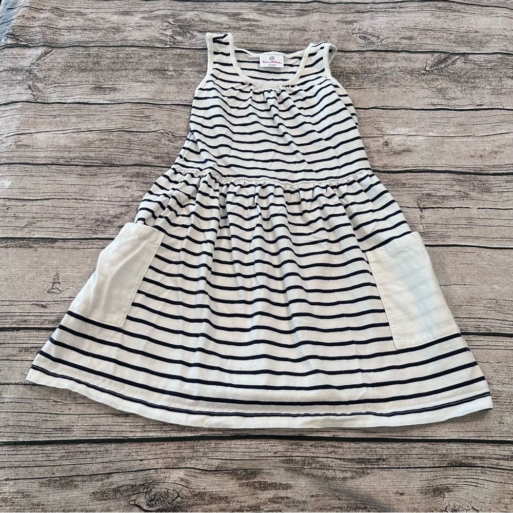 Hanna Andersson Dark Navy and White Striped Sleeveless Dress Patch Pockets Sz 8